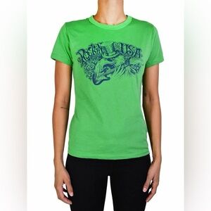NEW LUCKY BRAND JEANS ‘ROCKING IN THE USA' PRINTED COTTON T-SHIRT GREEN